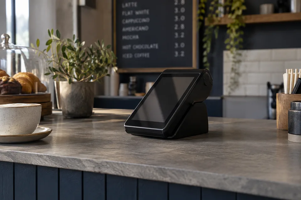 Terminal de cobro con tarjeta sobre el mostrador de una cafetería