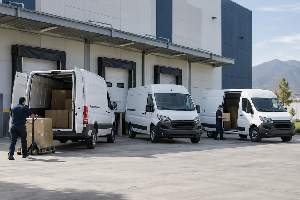Vehículos de reparto frente a las instalaciones de una empresa