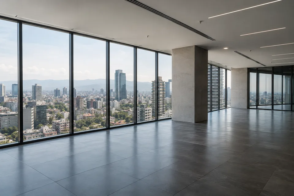 Interior de una oficina con ventanales y vista a la ciudad
