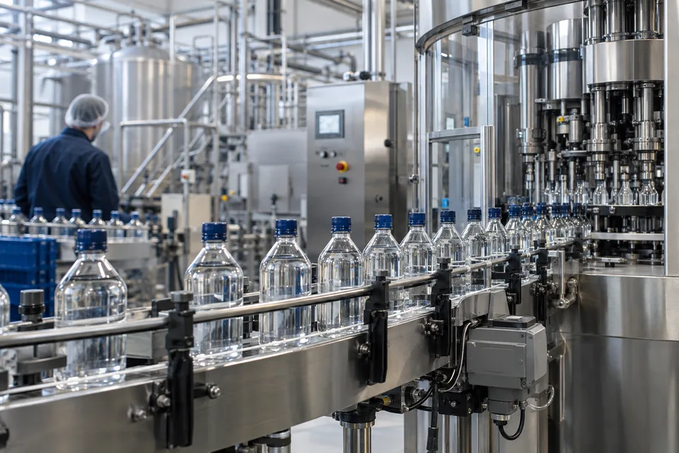 Línea automatizada de embotellado en una planta de producción