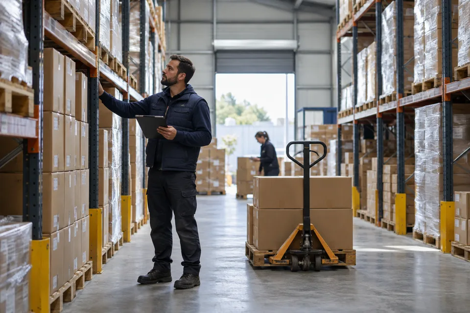 Revisión de inventario y movimiento de mercancías en un almacén