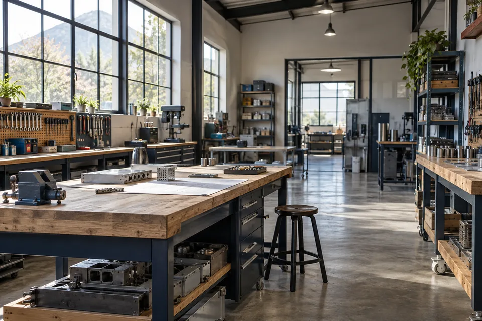 Interior de taller con bancos de trabajo y herramientas organizadas