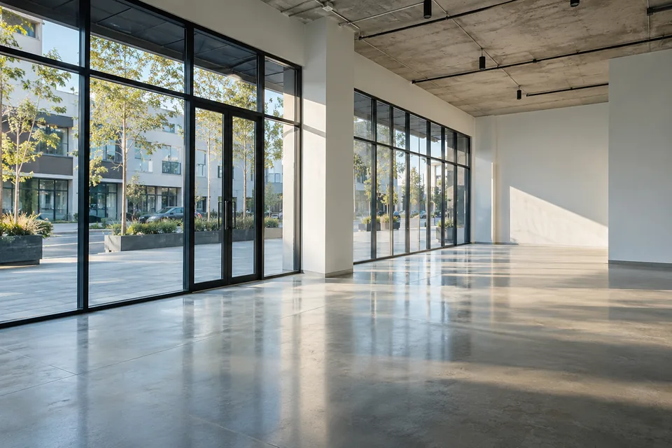 Interior de local comercial con ventanales y luz natural