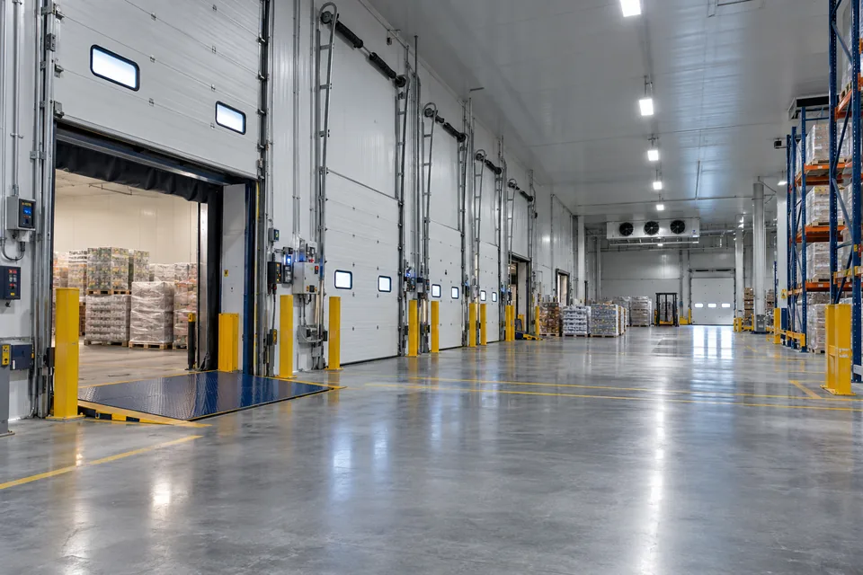Interior de centro de distribución con puertas de cámaras refrigeradas