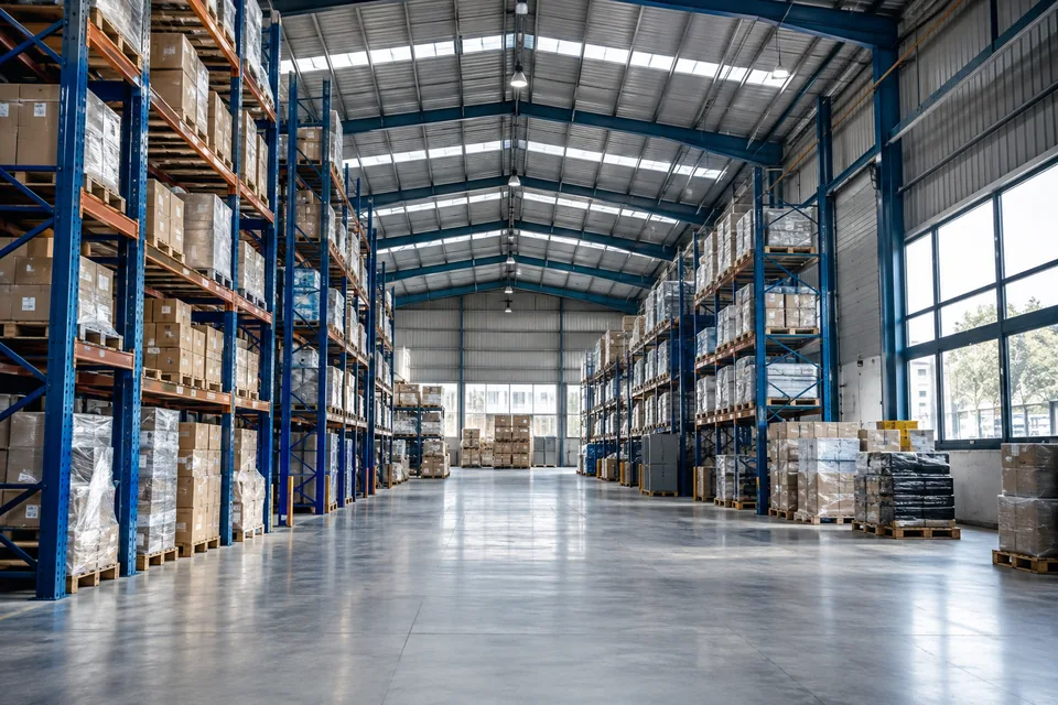 Nave comercial con estructura metálica y estanterías de almacenamiento