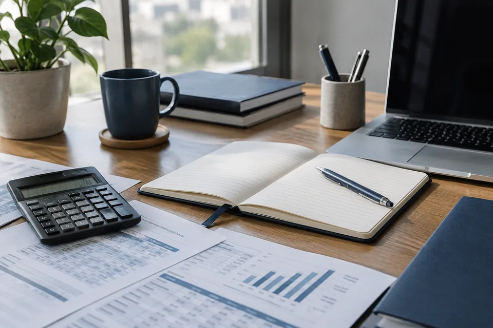 Escritorio con calculadora, cuaderno y documentos de pagos