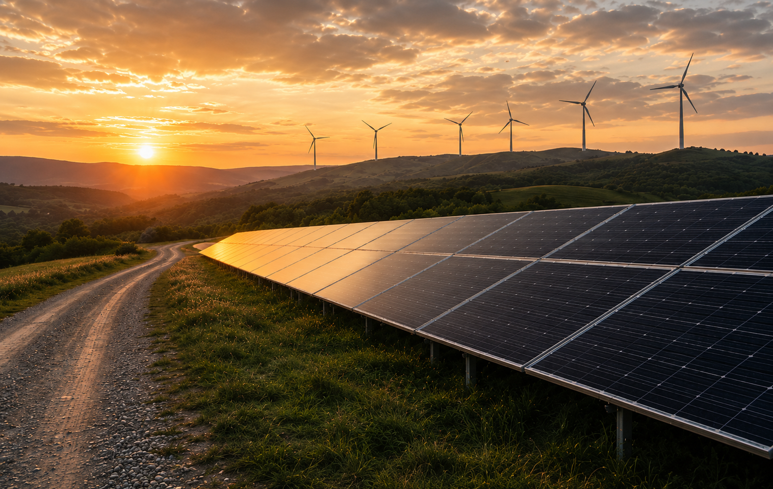 Paneles solares y aerogeneradores al atardecer