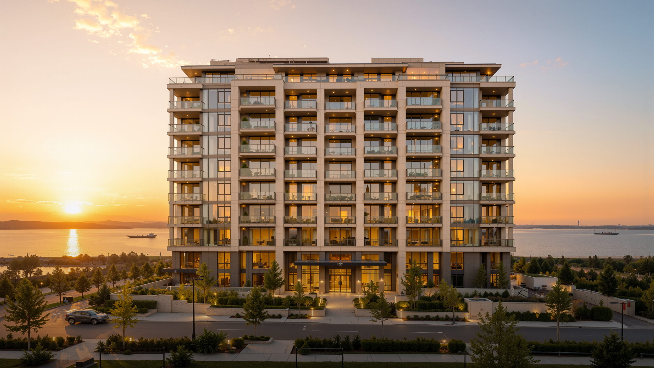 Edificio residencial con balcones al atardecer