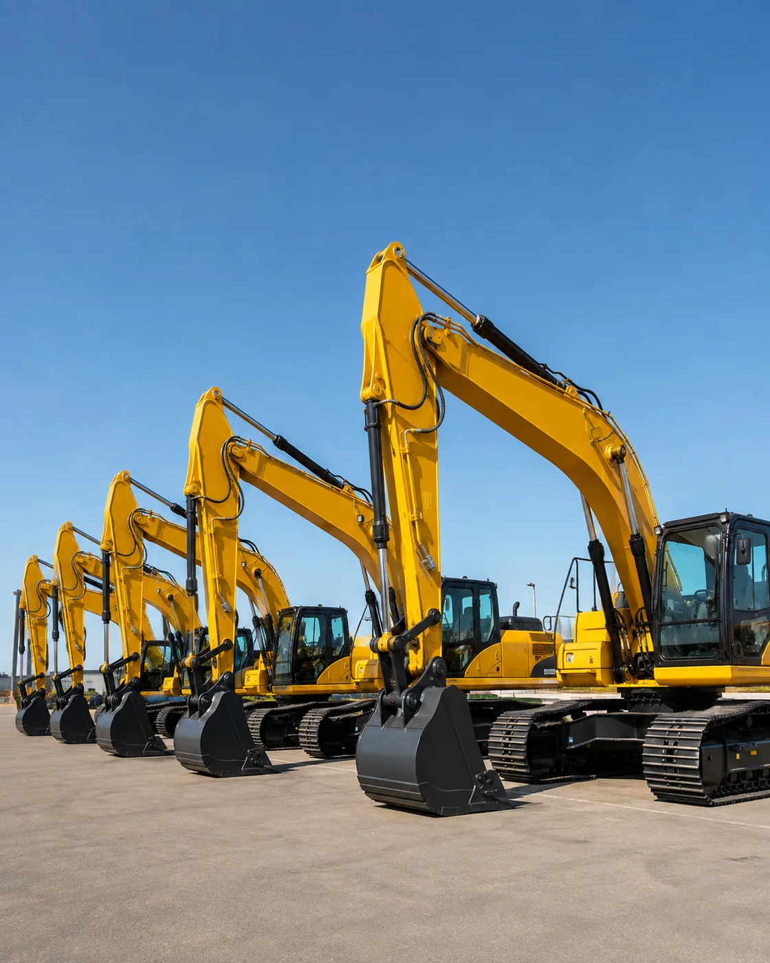 Excavadoras amarillas alineadas para trabajos de construcción