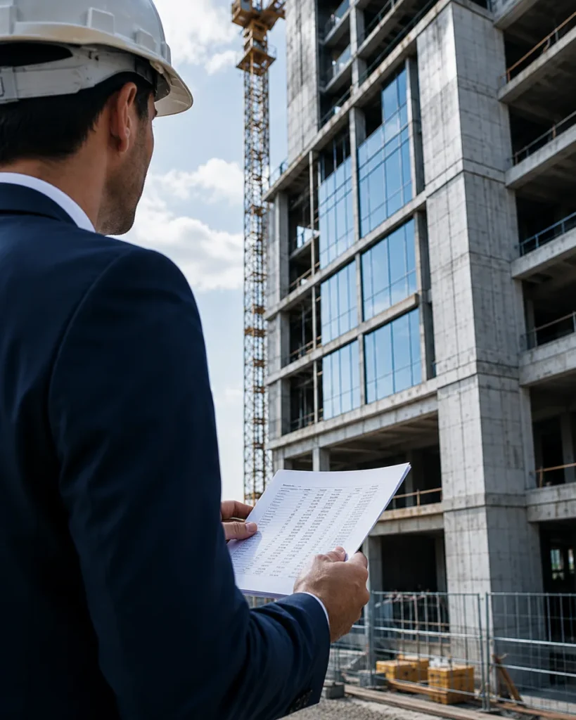 Profesional con casco revisando un edificio en construcción