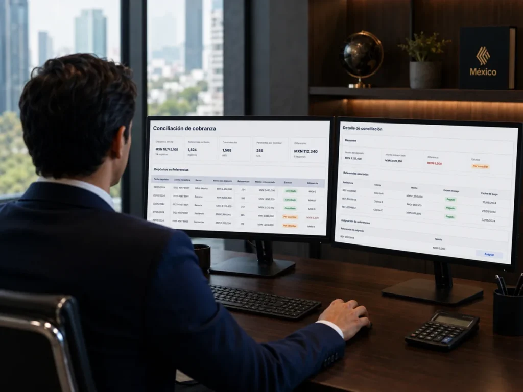Profesional revisando información de cartera en dos monitores