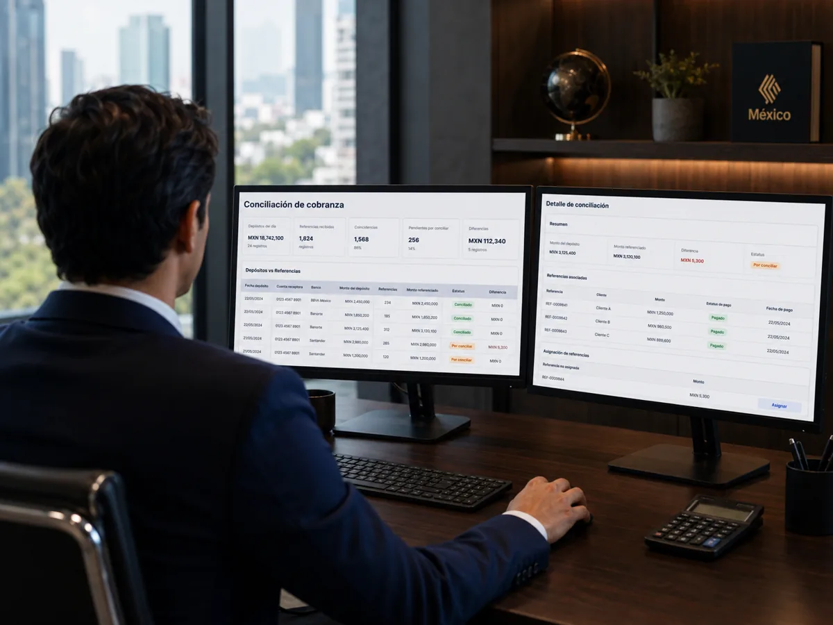 Profesional revisando información de cartera en dos monitores