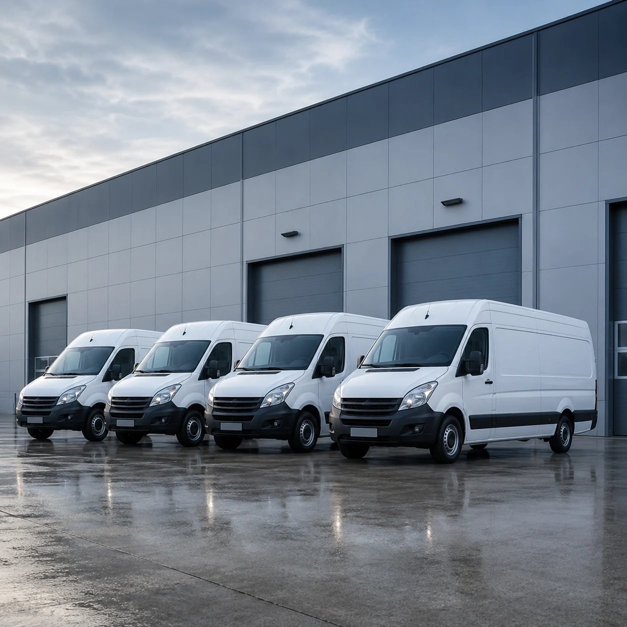 Camionetas de reparto frente a una bodega
