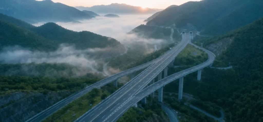 Carretera elevada entre montañas y vegetación