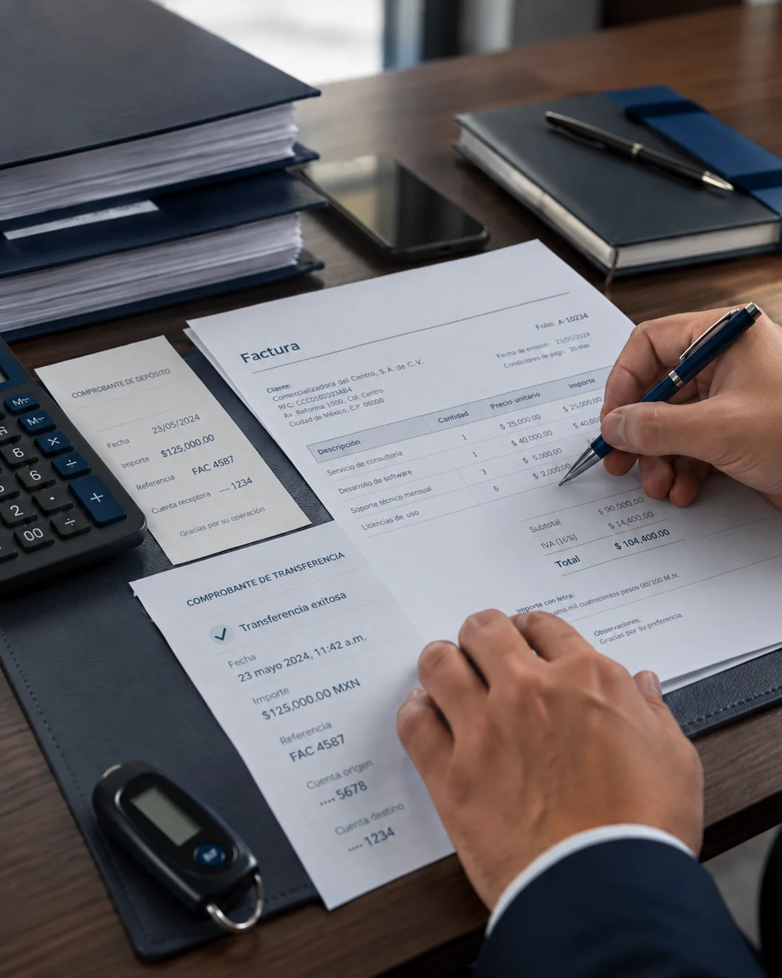 Factura comercial y comprobantes revisados sobre un escritorio