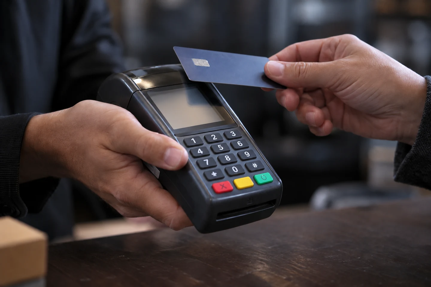 Pago con tarjeta en una terminal sostenida por una persona