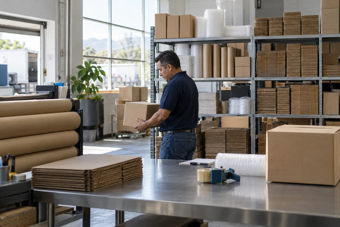 Persona revisando cajas y materiales de empaque en un distribuidor de suministros.