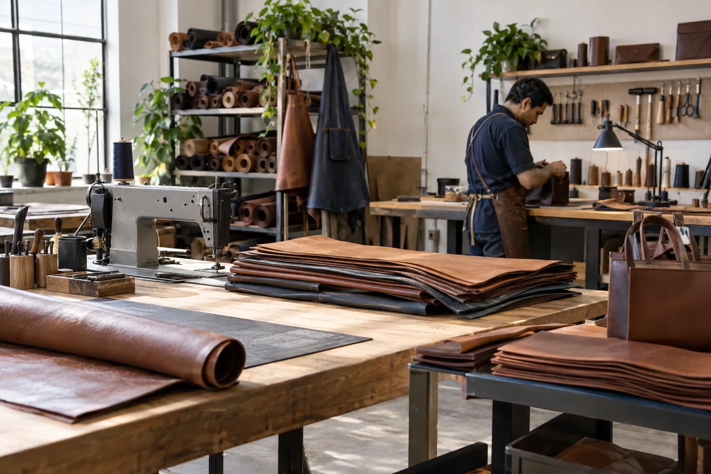 Taller de artículos de piel con mesas de trabajo, materiales y equipo de costura.