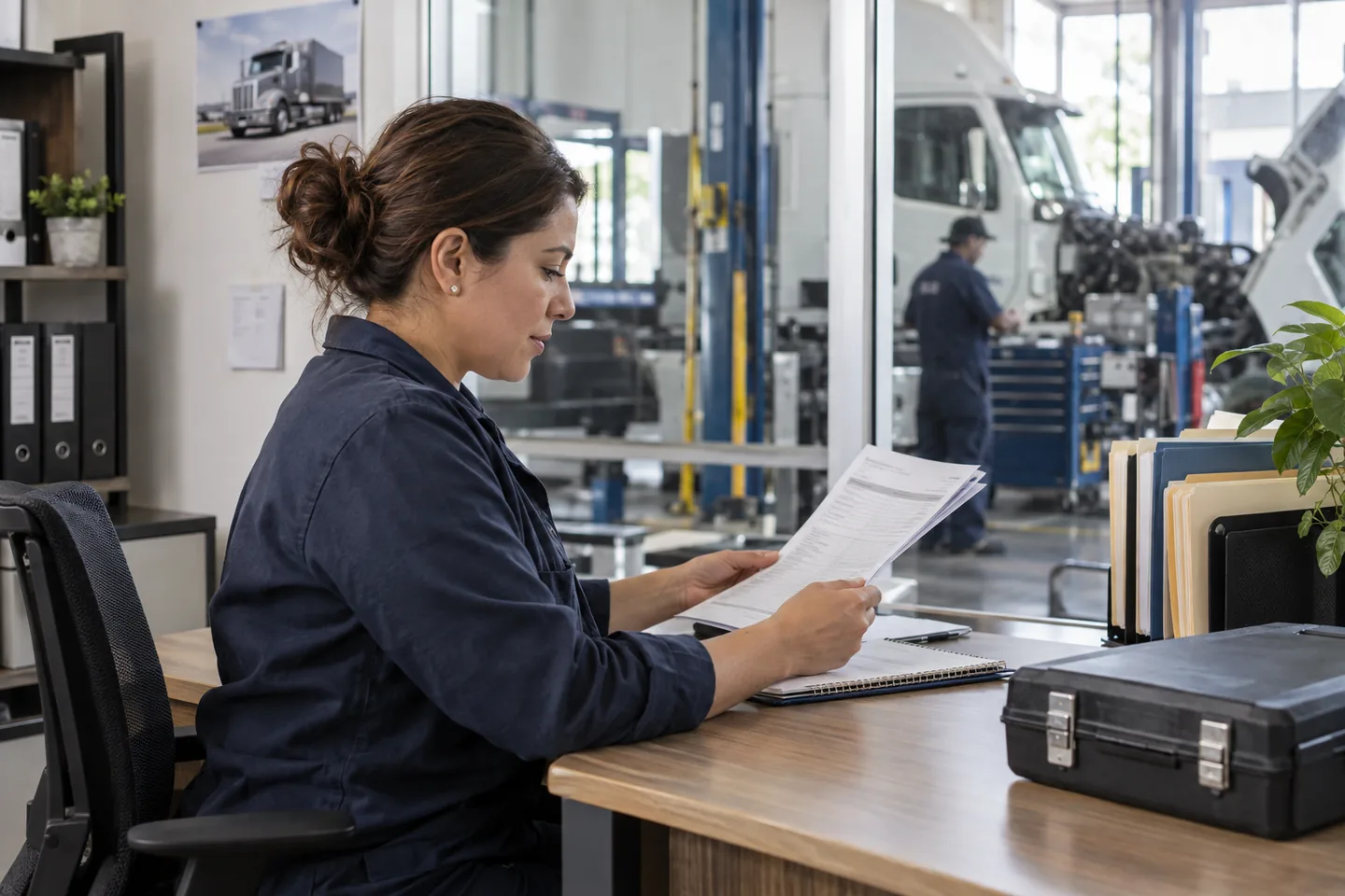 Prestadora de servicios revisando un reporte de trabajo junto a herramientas de mantenimiento.