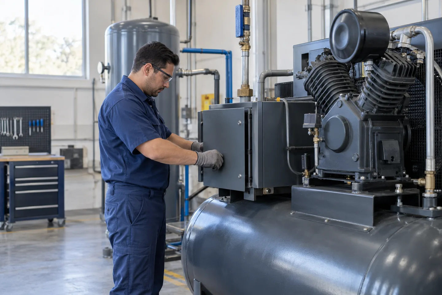 Técnico inspeccionando un compresor durante un servicio de mantenimiento industrial.
