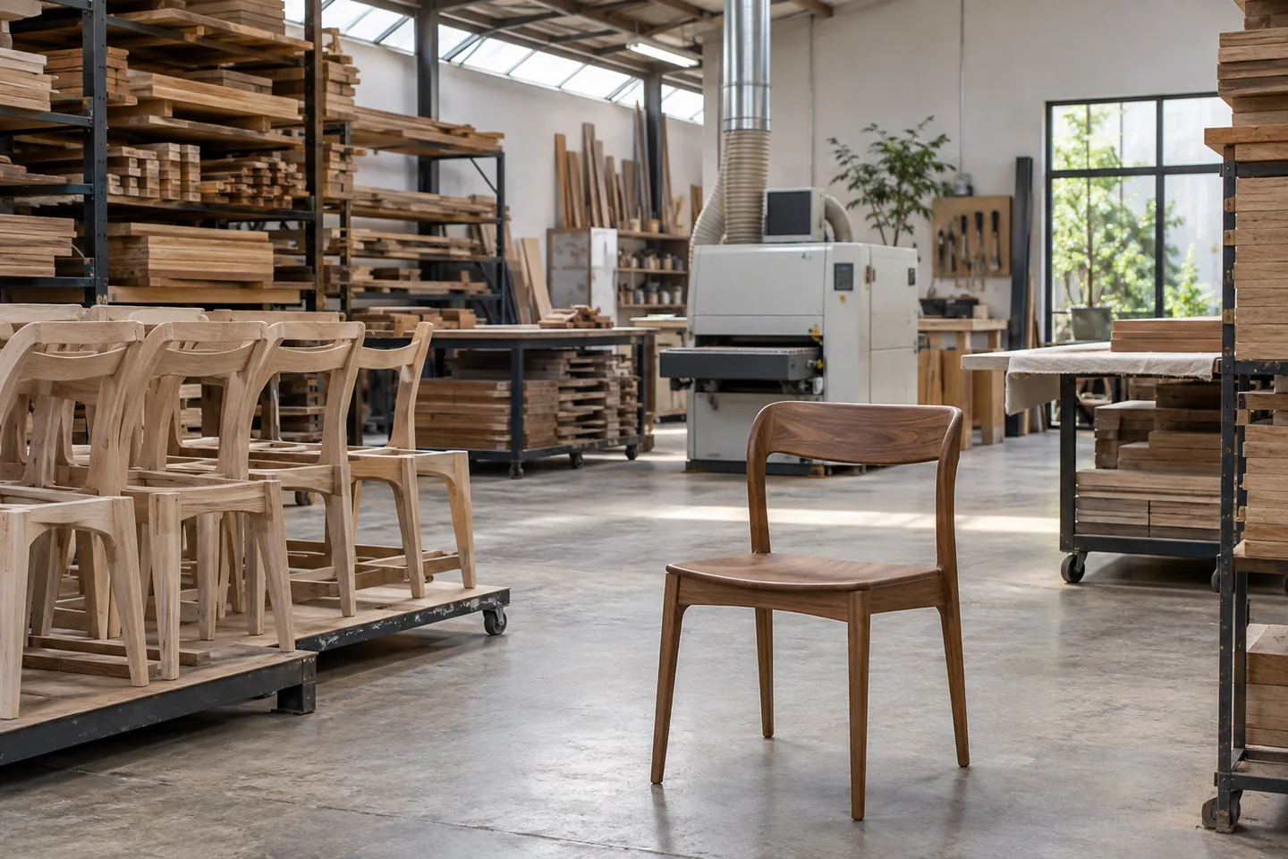 Equipo, piezas de mobiliario y madera organizados en un taller de producción.