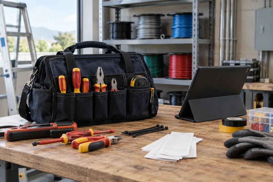 Herramientas, consumibles y comprobantes de compra organizados en una mesa de trabajo.