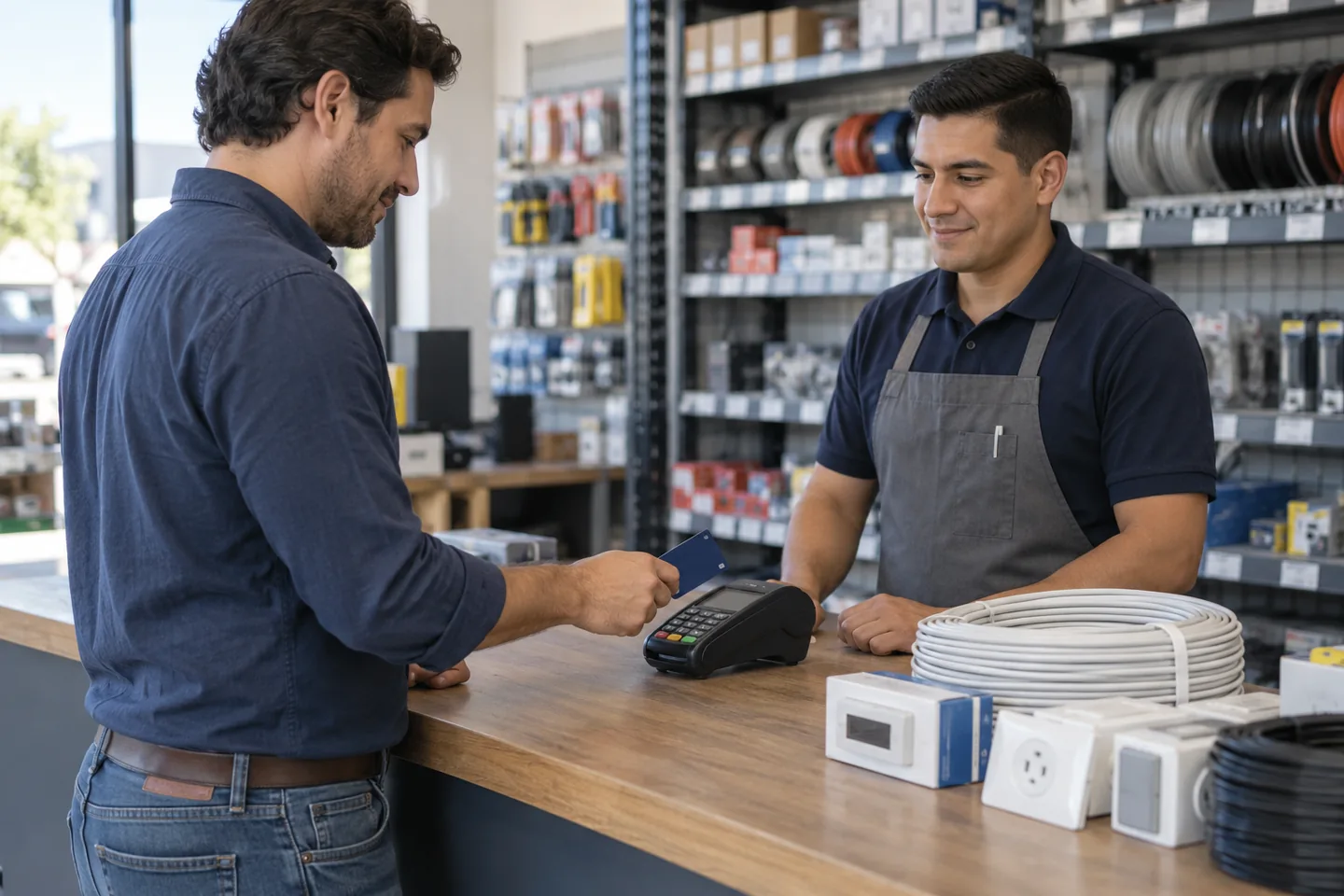 Compra de consumibles eléctricos con tarjeta en un mostrador de suministros.