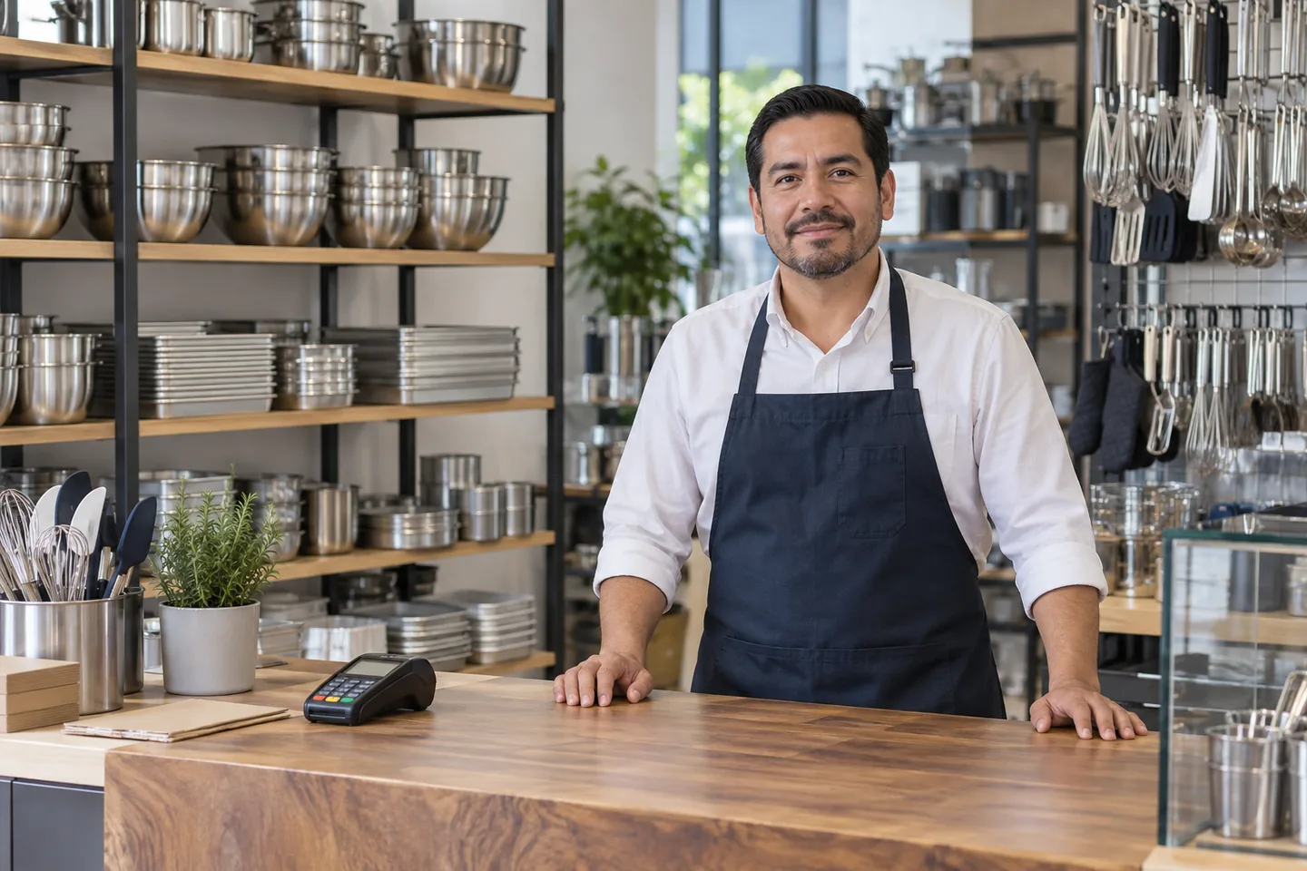 Terminal de cobro en un comercio de utensilios e insumos gastronómicos.